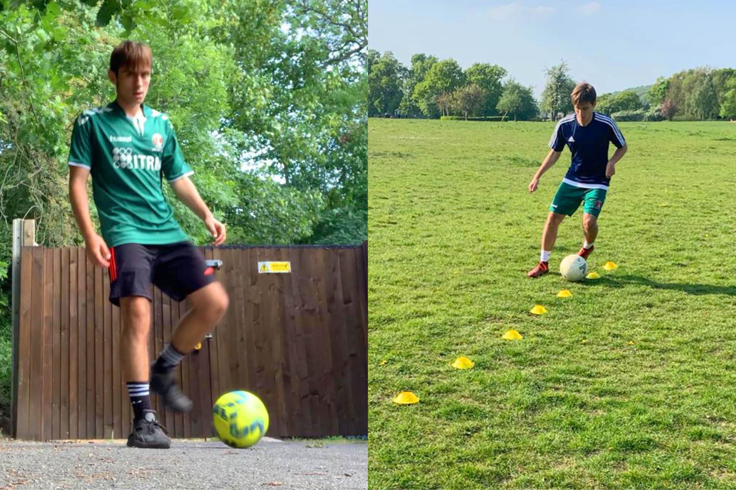 Two images of Jakey Palmer kicking a football and dribbling between cones