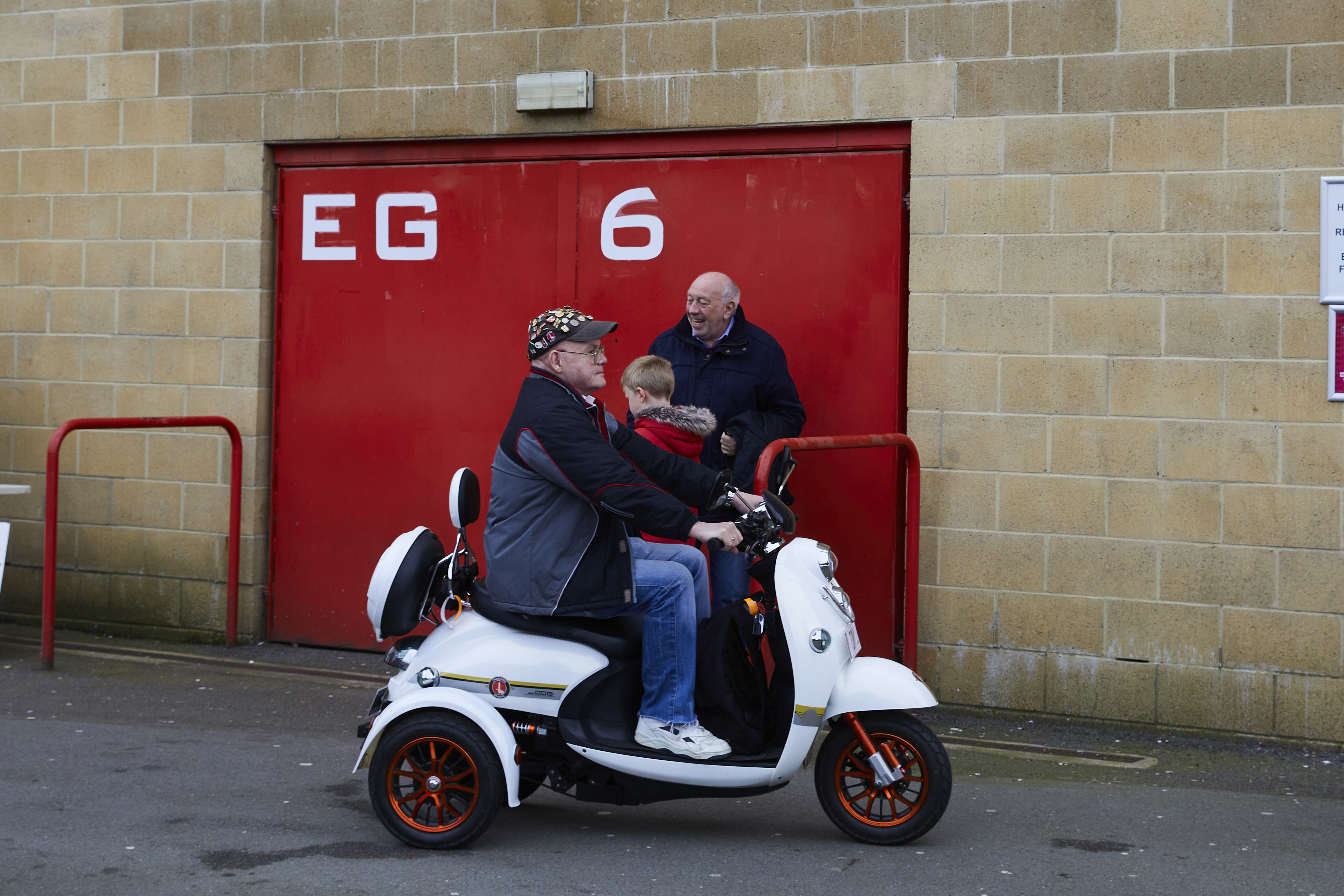 A disabled supporter outside of The Valley on matchday