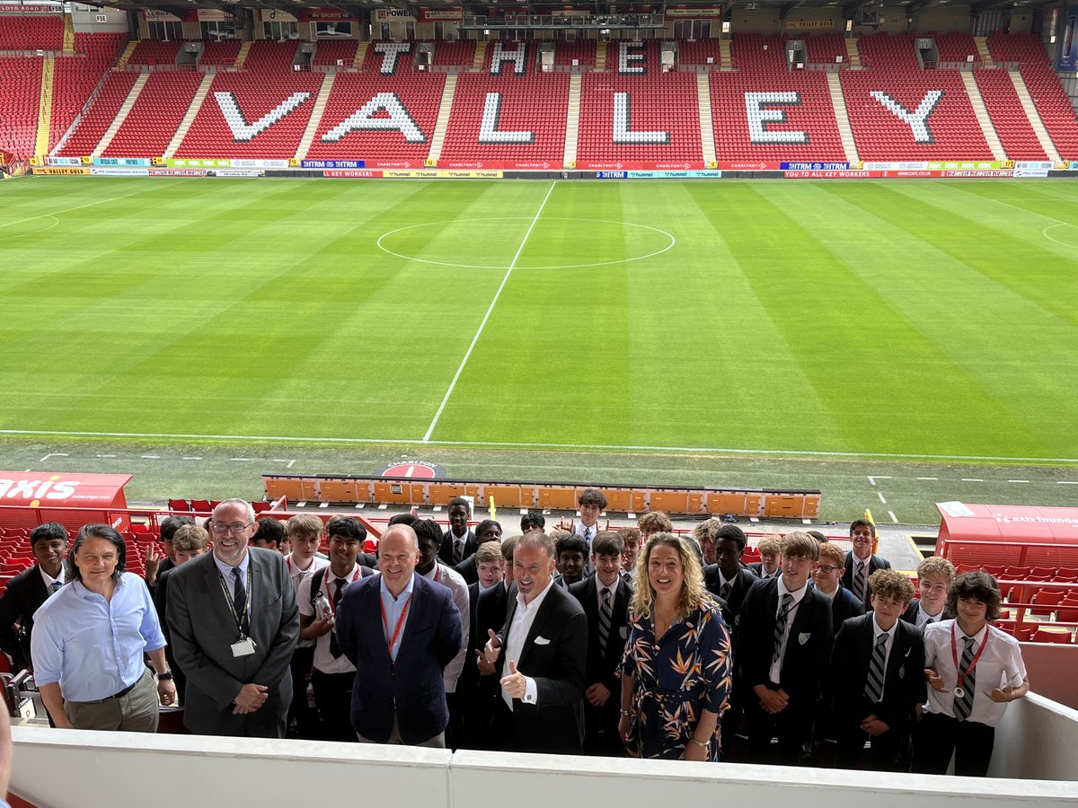 Group photo at The Valley with Norton Knatchbull students and members of the Charlton family
