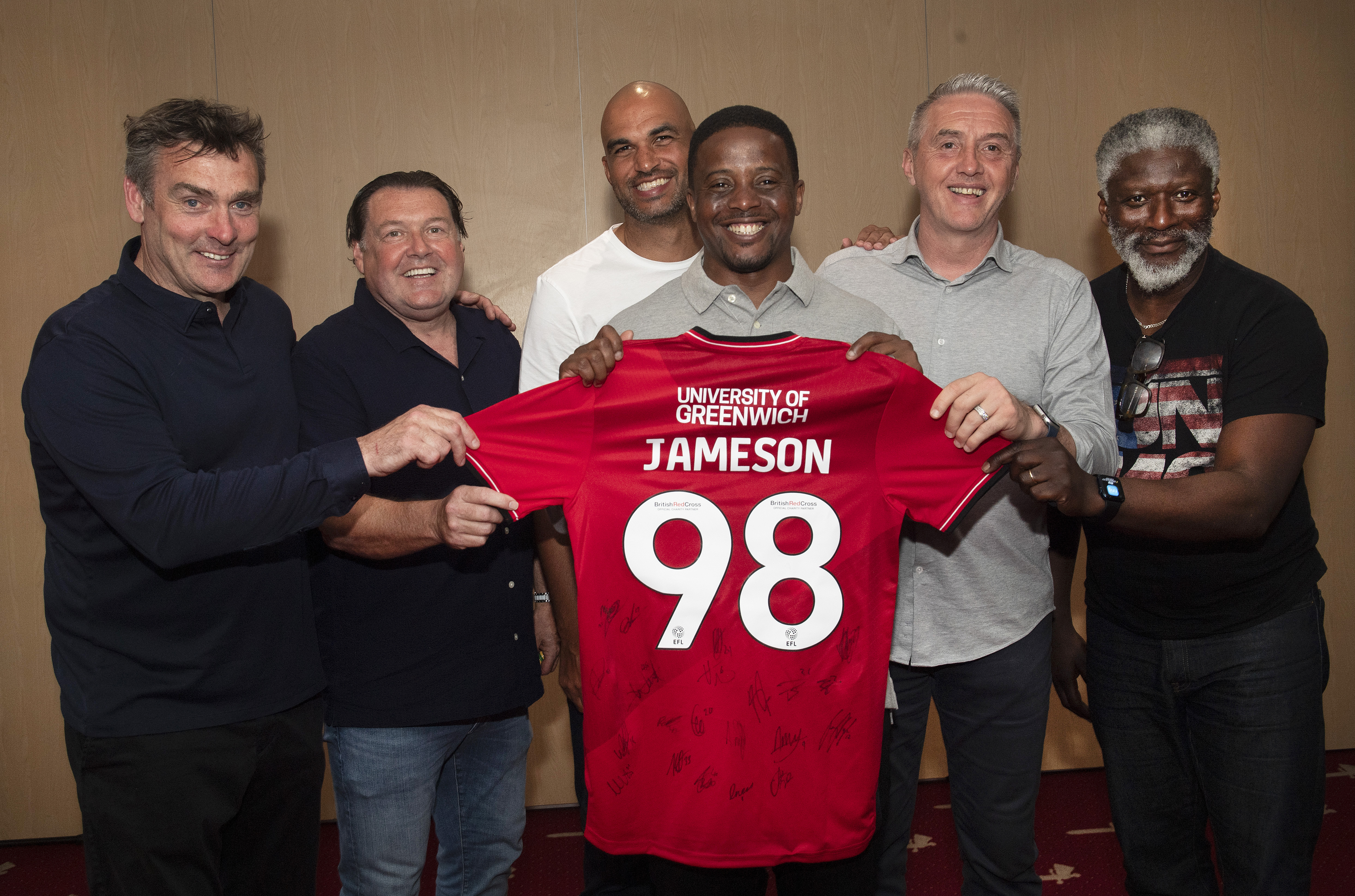 (Left to right) Steve Brown, Peter Garland, Jonathan Fortune, Kevin Lisbie, Dean Kiely and Paul Mortimer hold a signed Charlton Athletic shirt before a Charlton Legends Q&A in the Meantime Fans’ Bar at The Valley, London