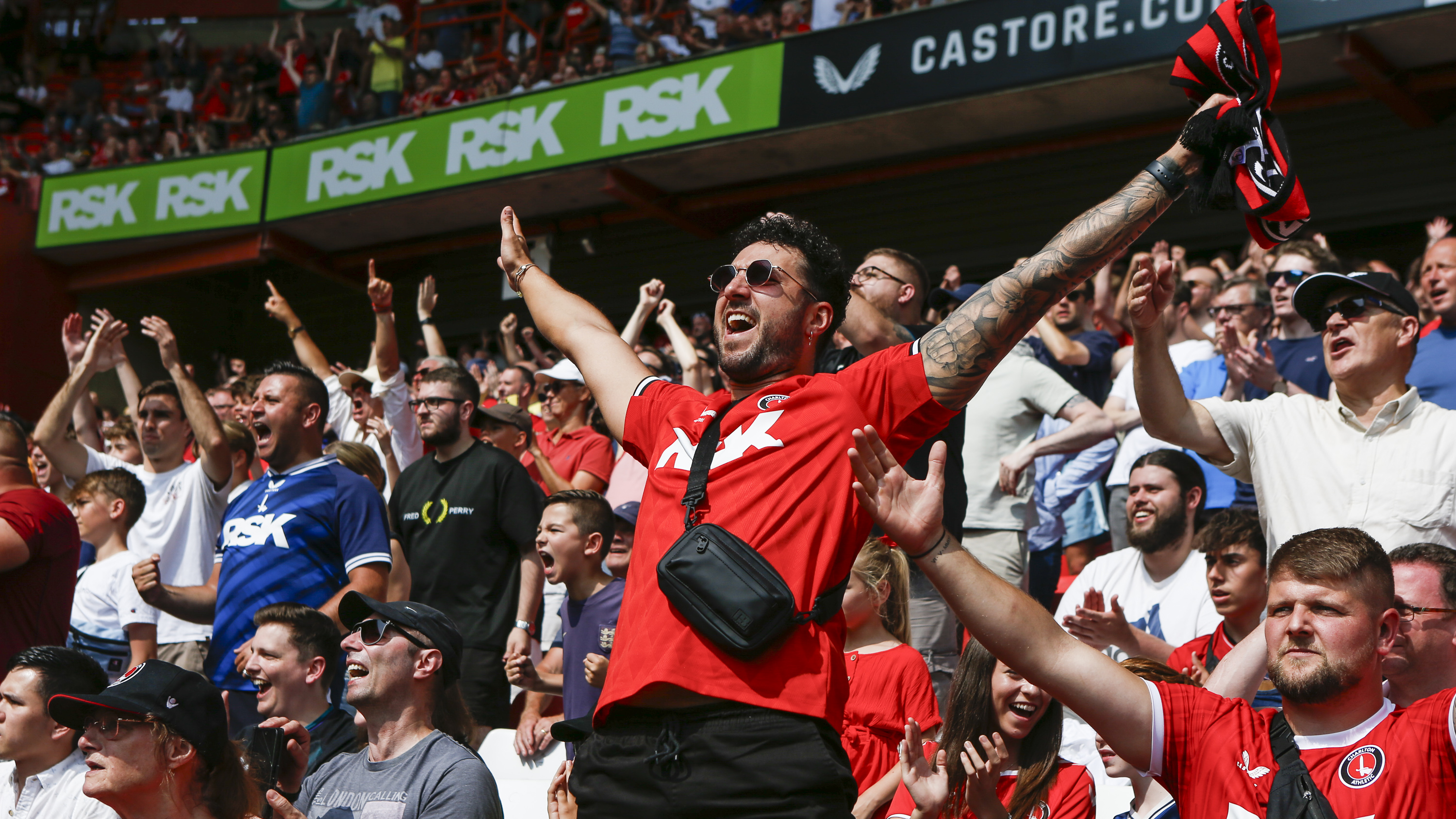 Charlton Athletic fans celebrate during the Sky Bet League One match between Charlton Athletic and Leyton Orient at The Valley, London