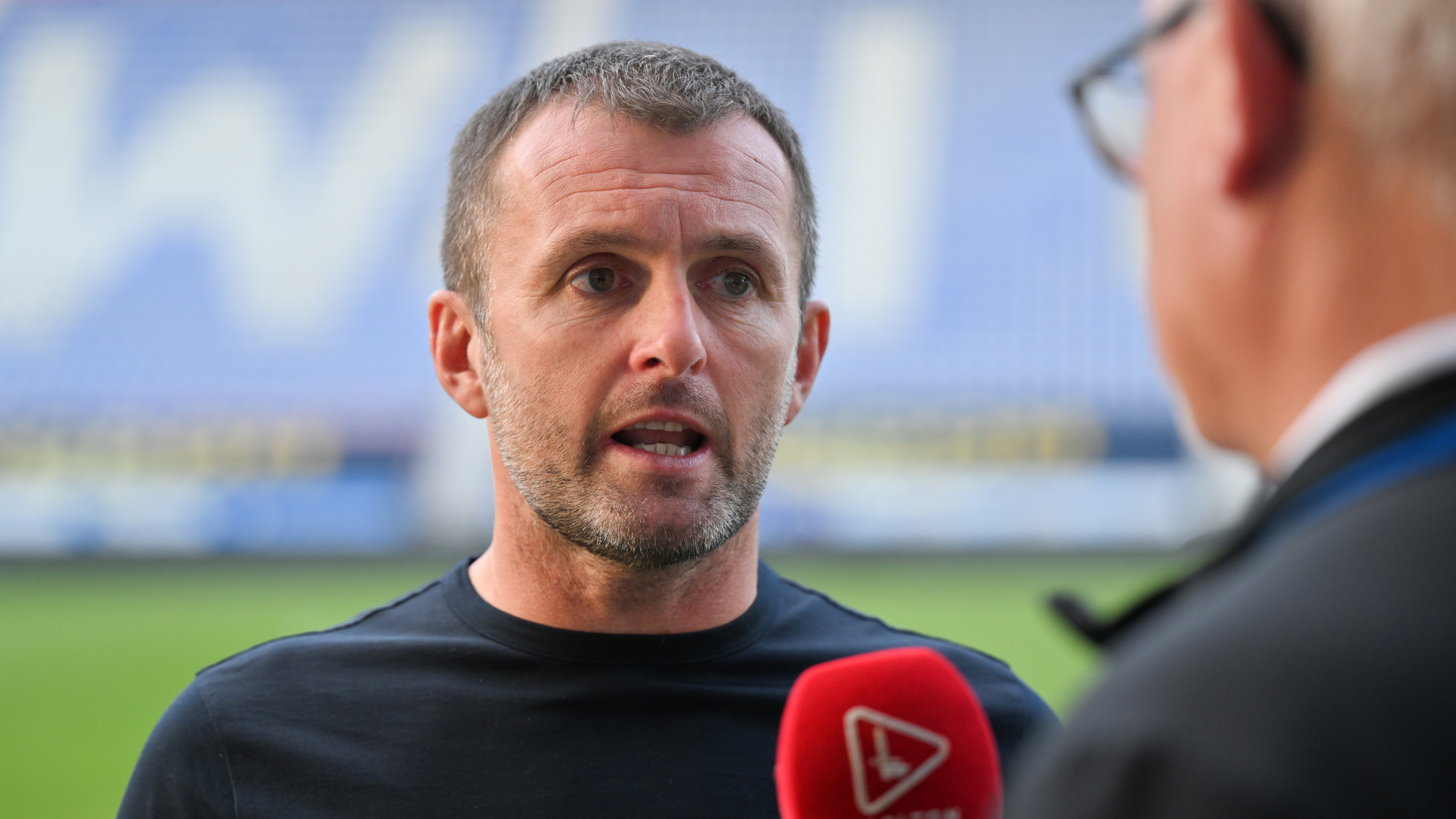 Charlton Athletic manager Nathan Jones is interviewed following the Sky Bet League 1 match at the Brick Community Stadium, Wigan