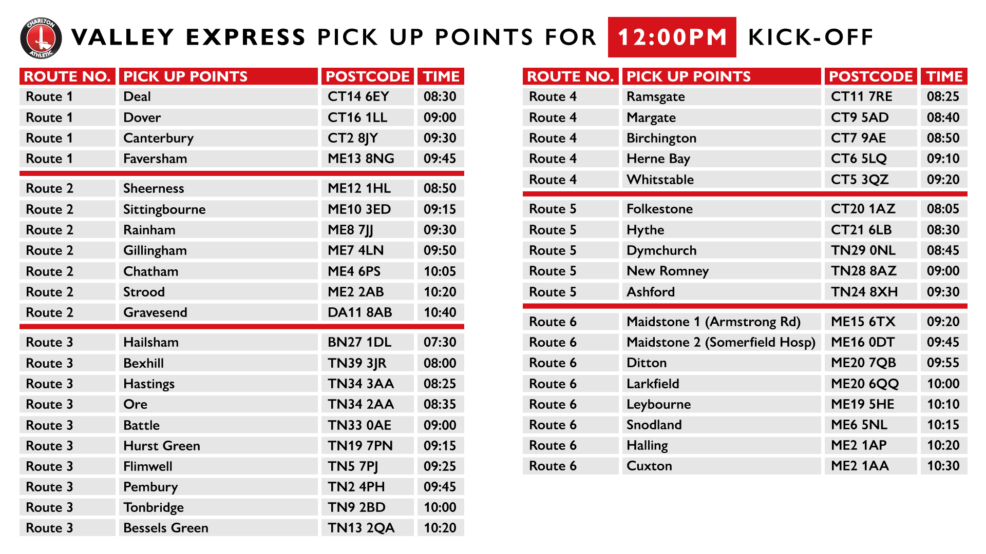 Valley Express pick-up points for 12pm kick-off.