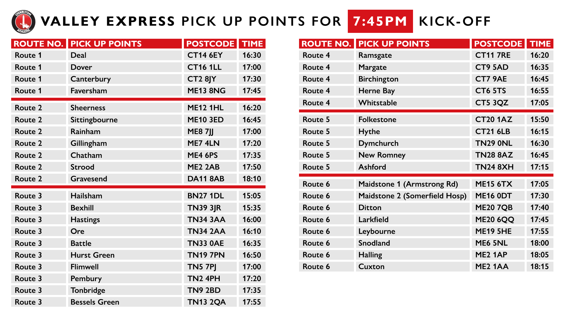 Valley Express pick-up points for 7:45pm kick-off.