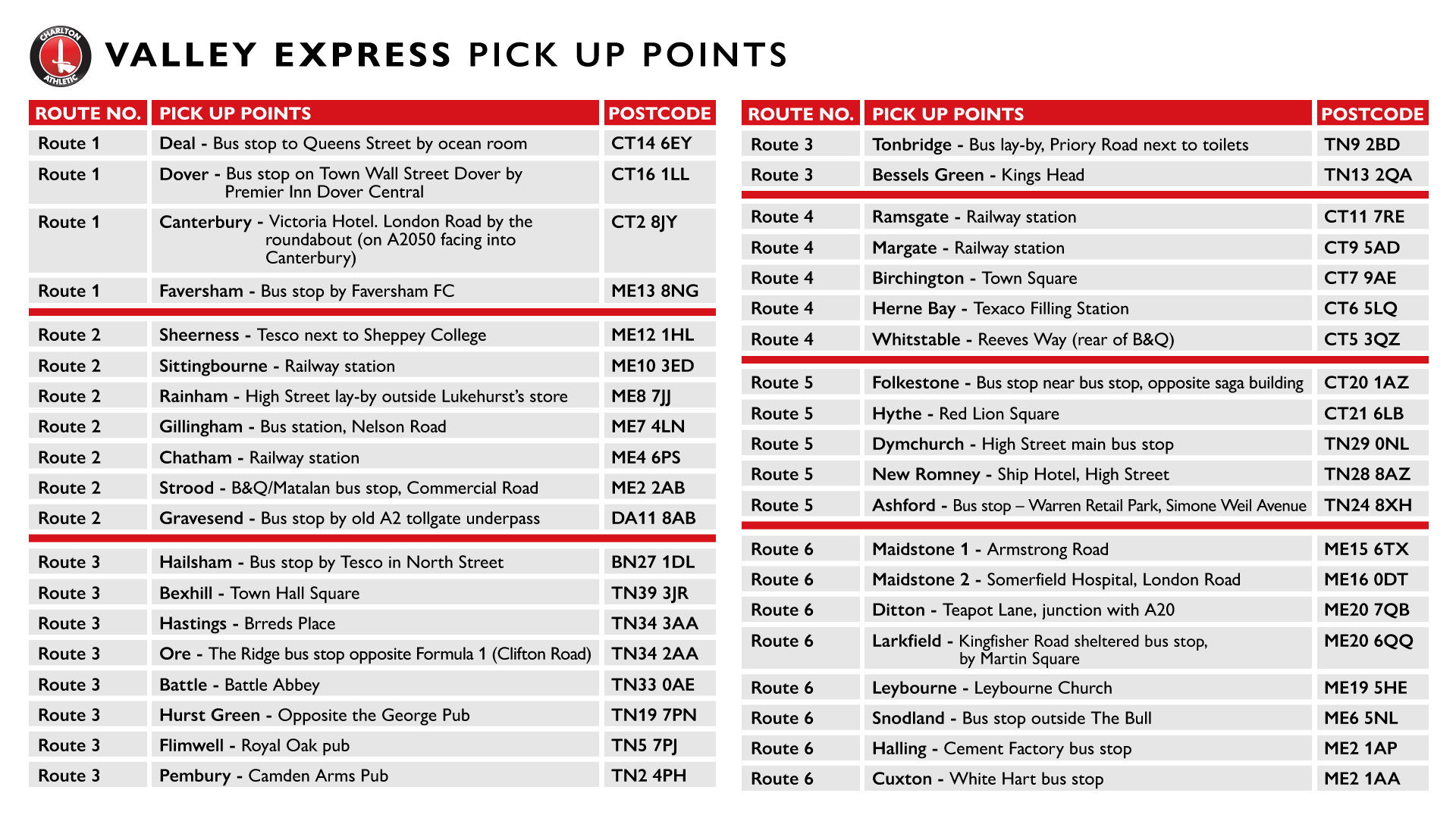 Valley Express pick-up points.