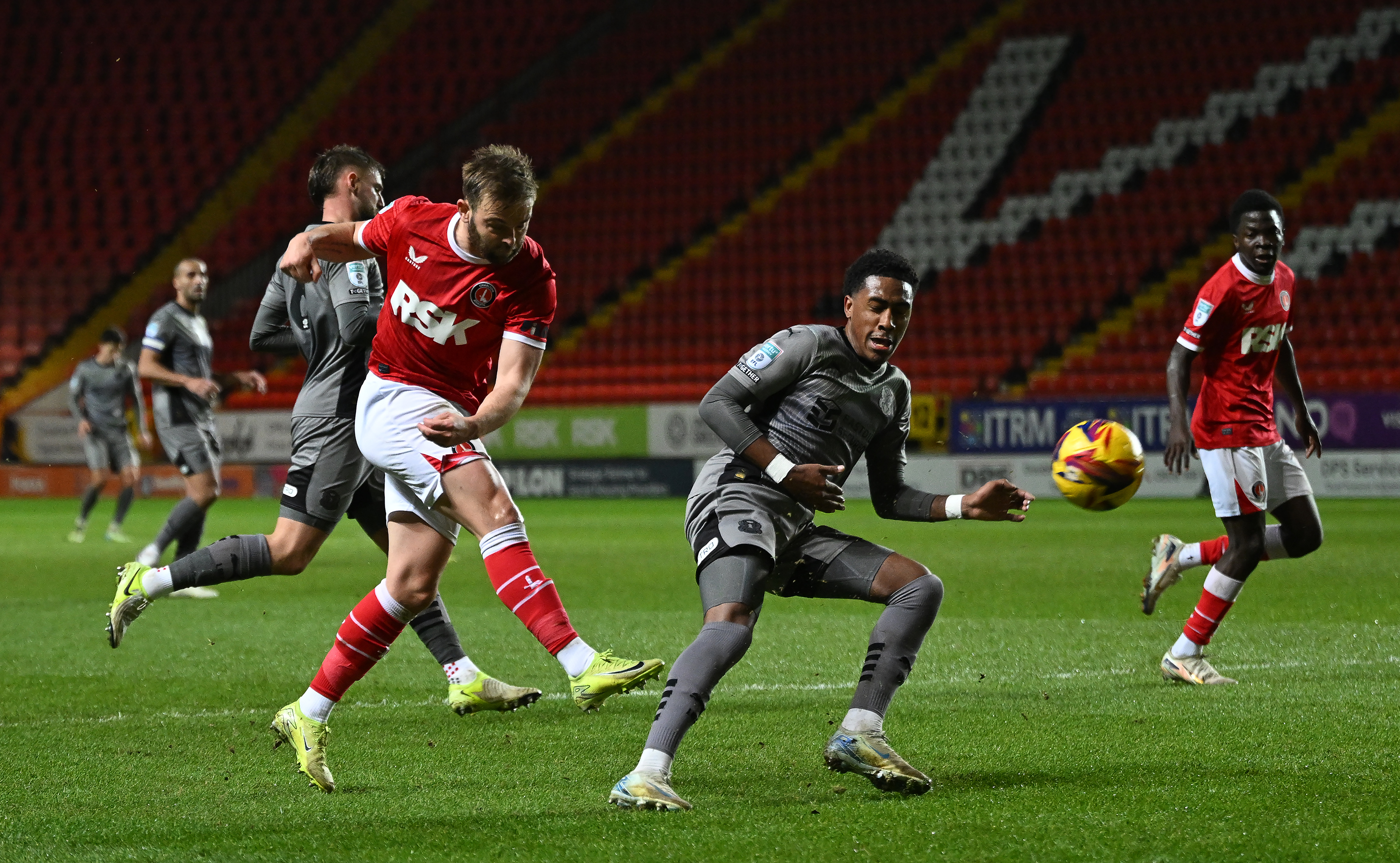 Matty Godden shoots at goal