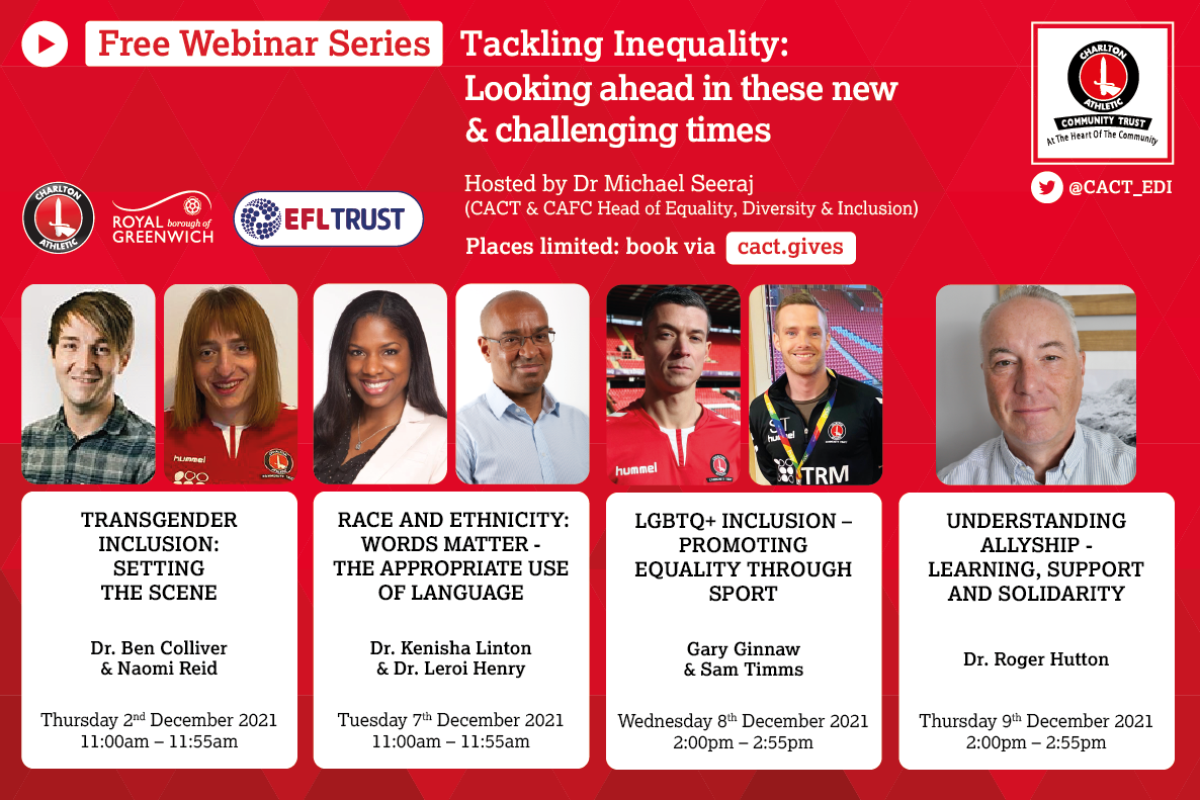 CACT is pleased to announce that our Equality, Diversity and Inclusion webinar series is returning this December.

The series will explore race and ethnicity, transgender inclusion, LGBTQ+ inclusion and allyship. Find out more about the sessions and how to book a place!