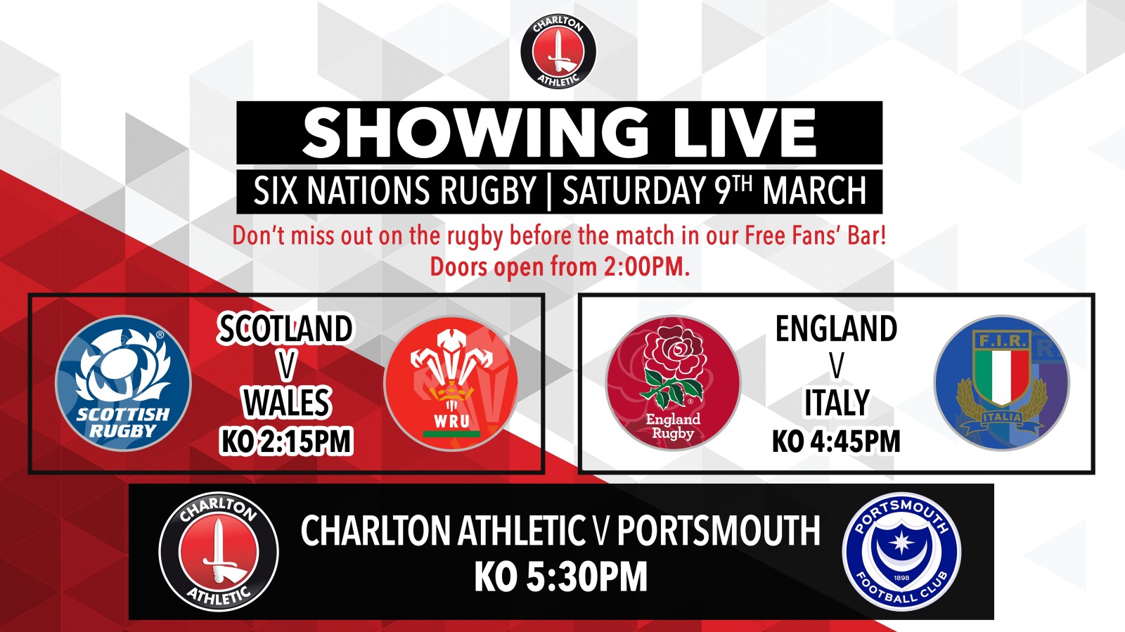 Watch the rugby in the Fans Bar before tomorrows Portsmouth game Charlton Athletic Football Club