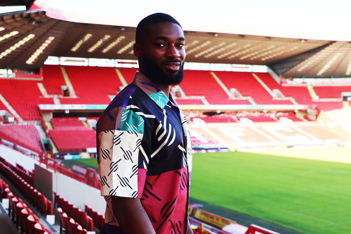 Mandela Egbo pictured in The Valley's West Stand