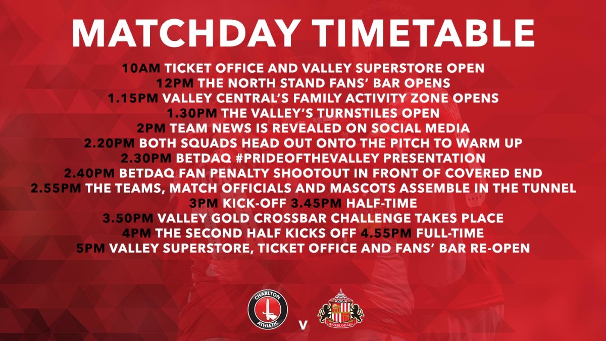 Matchday timetable v Sunderland