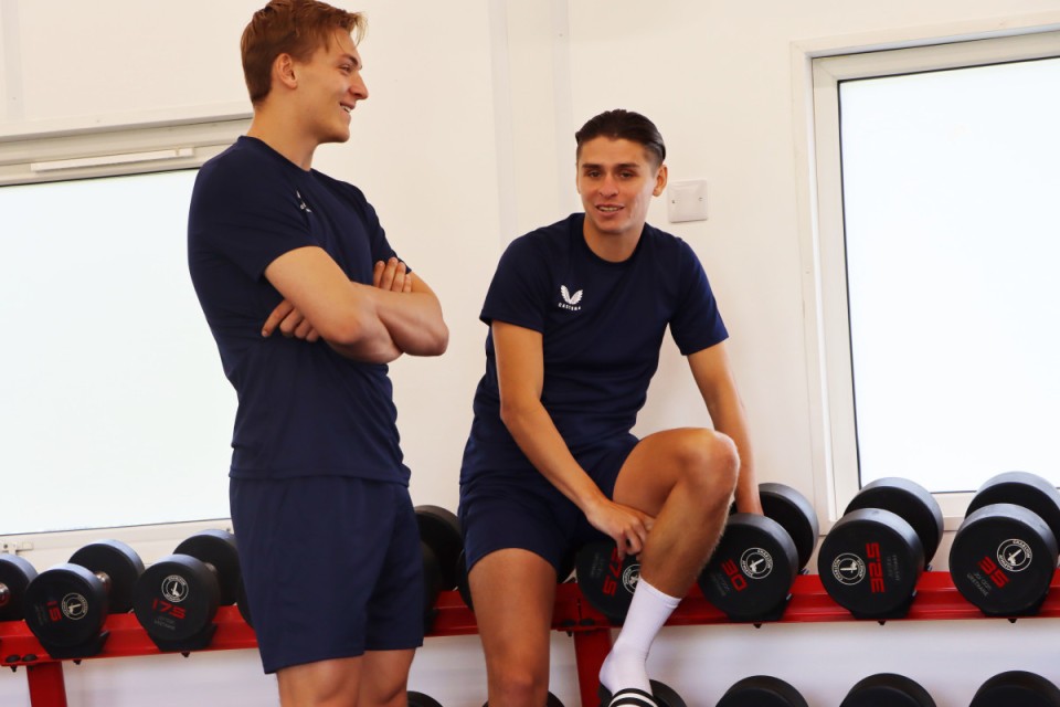 Ashley Maynard-Brewer and George Dobson in conversation in the gym