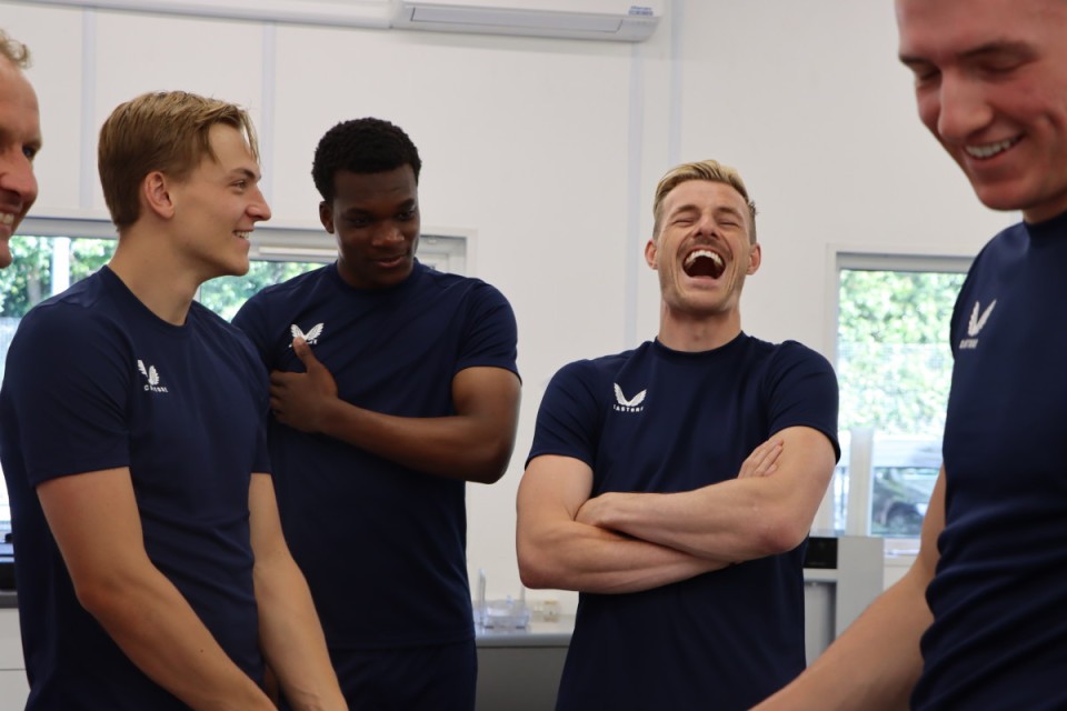 Ashley Maynard-Brewer, Deji Elerewe, Craig MacGillivray and Nathan Harness laugh together