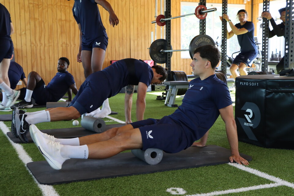 Albie Morgan using a foam roller