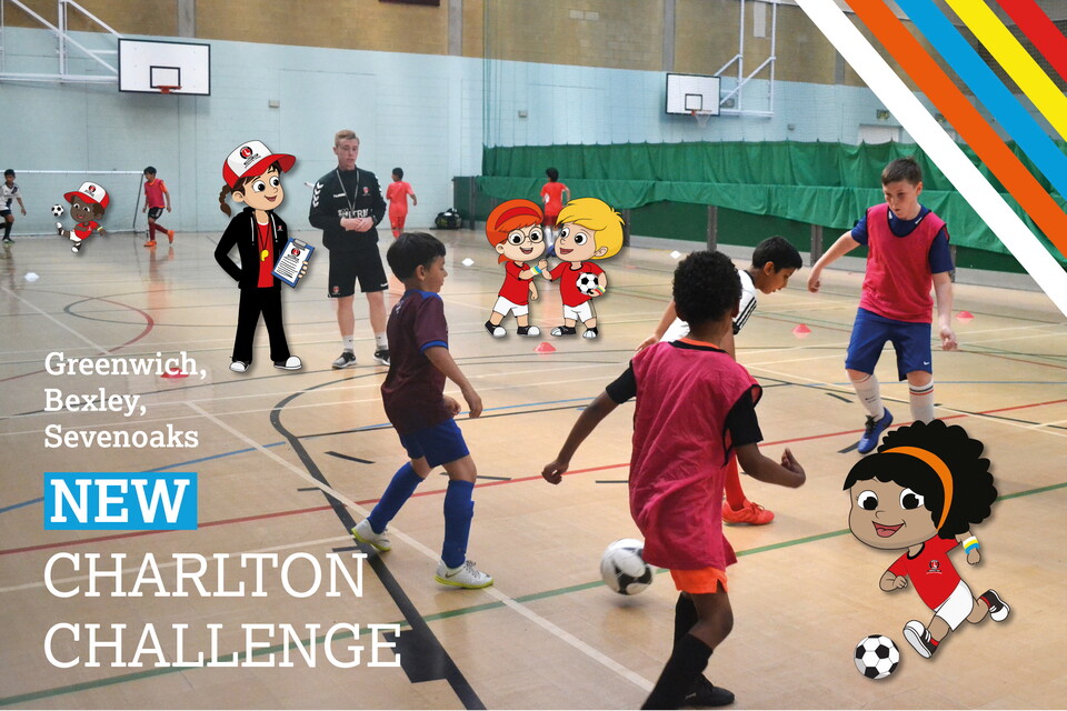 Young people playing football with cartoon characters