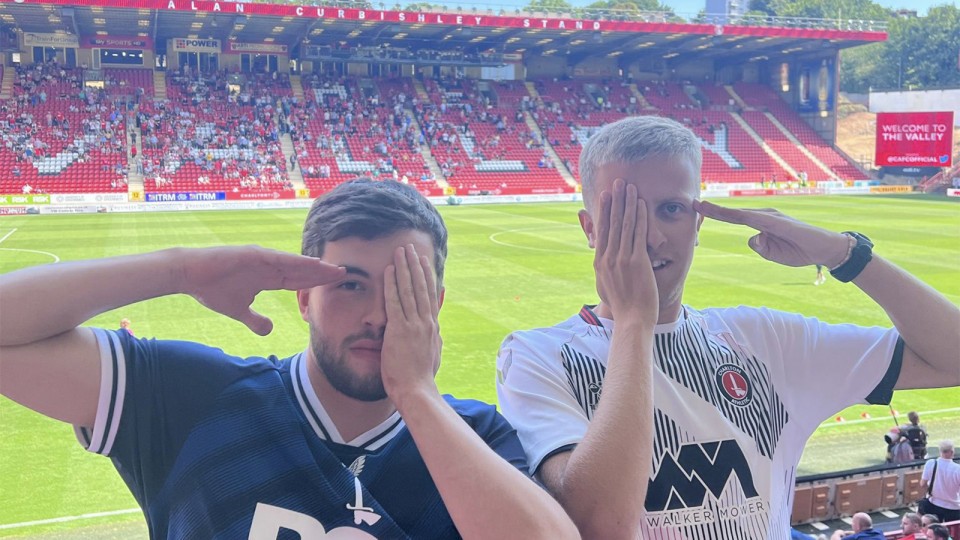 Barker performs Sean Clare's celebration with a friend at The Valley