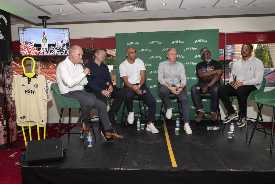 (Left to right) Charlton Athletic Commercial Manager Steve Sutherland, Steve Brown, Jonathan Fortune, Dean Kiely, Paul Mortimer and Kevin Lisbie during a Charlton Legends Q&A in the Meantime Fans’ Bar at The Valley, London