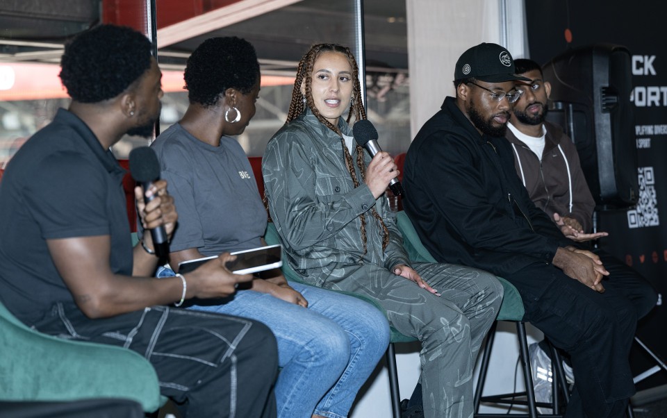 Moderator Ope Oduwole with speakers Tosin Gbaja, Maya Bruney, Subomi Odanye and Chaj Arunasalam during the Different Pathways event at The Valley, London.