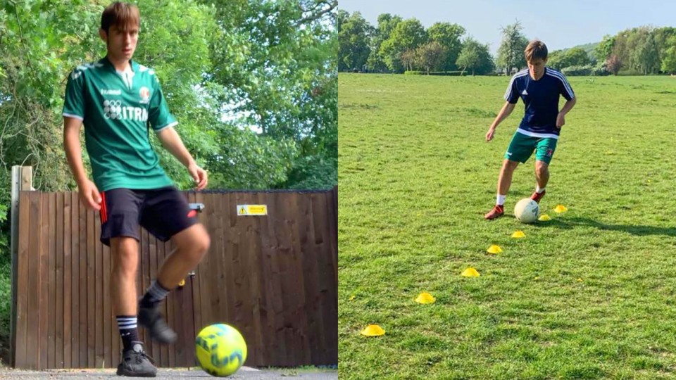 Two images of Jakey Palmer kicking a football and dribbling between cones