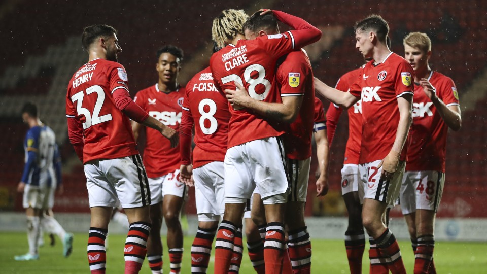 Charlton players celebrate Lavelle's opener