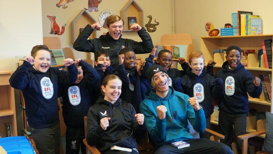 Sean Clare, Beth Roe and Alfie Maloney with a group of Year 4 students