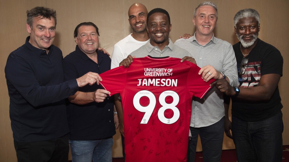 (Left to right) Steve Brown, Peter Garland, Jonathan Fortune, Kevin Lisbie, Dean Kiely and Paul Mortimer hold a signed Charlton Athletic shirt before a Charlton Legends Q&A in the Meantime Fans’ Bar at The Valley, London