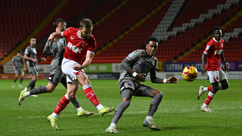 Matty Godden shoots at goal