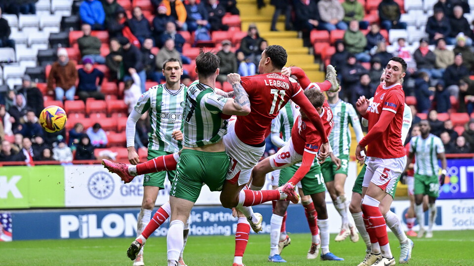 Miles Leaburn shoots at goal for Charlton's first