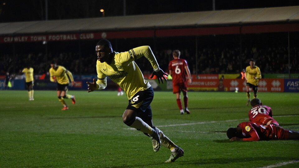 Thierry Small celebrates scoring against Crawley Town