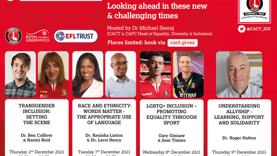 CACT is pleased to announce that our Equality, Diversity and Inclusion webinar series is returning this December.

The series will explore race and ethnicity, transgender inclusion, LGBTQ+ inclusion and allyship. Find out more about the sessions and how to book a place!